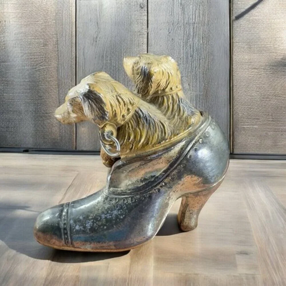 Antique Heavy Metal Shoe Sandal With Dogs Figurine Made In‎ Japan Vintage Decor